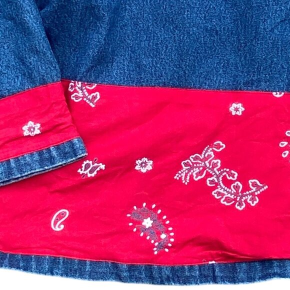 Vintage Denim Patchwork Red Bandana Jean Jacket Western Cowgirl Paisley Rodeo-XL - Picture 4 of 15